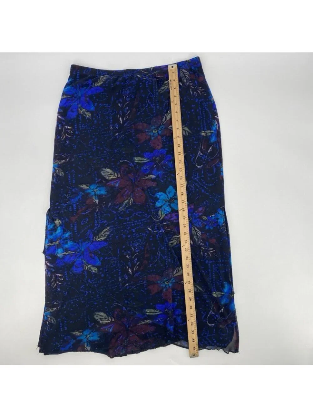 Chicos Layered Mesh Floral Print Midi Skirt Blue Black Womens Size 3 XL Vintage